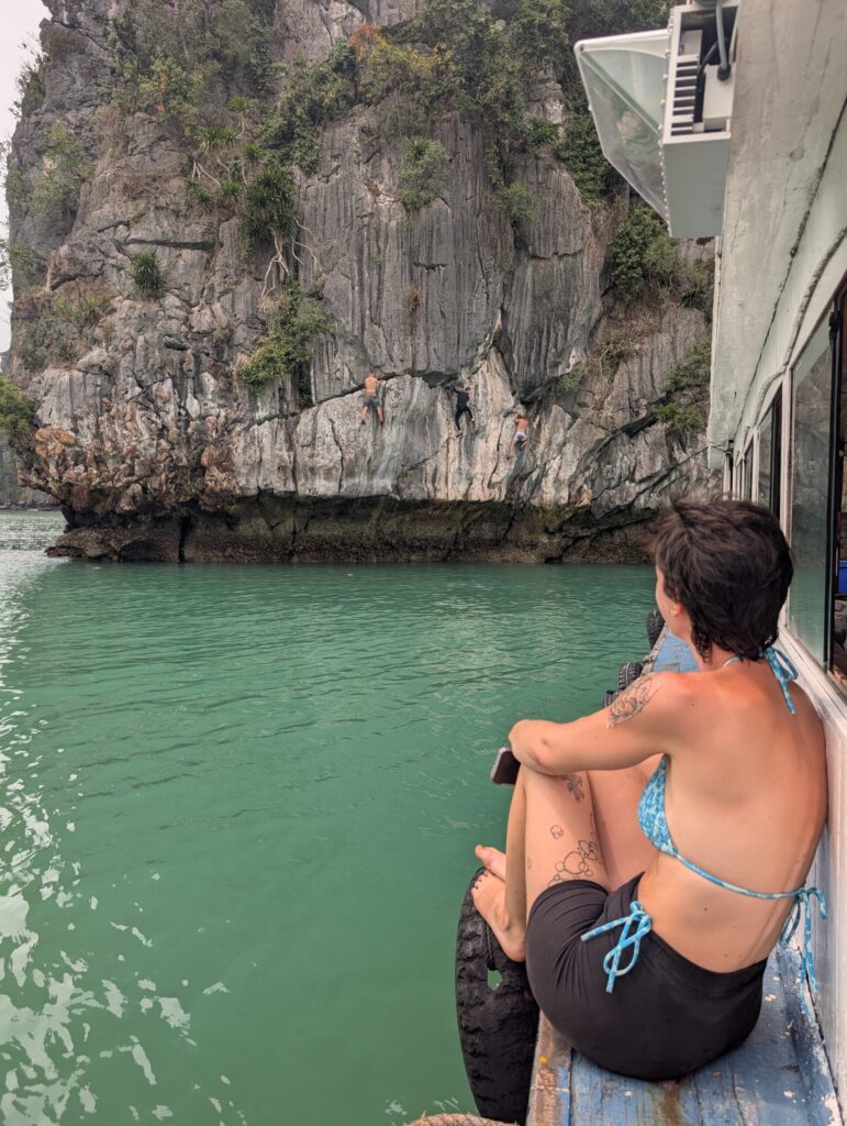 Falaises calcaires de la baie de Halong vues depuis l'eau, Vietnam